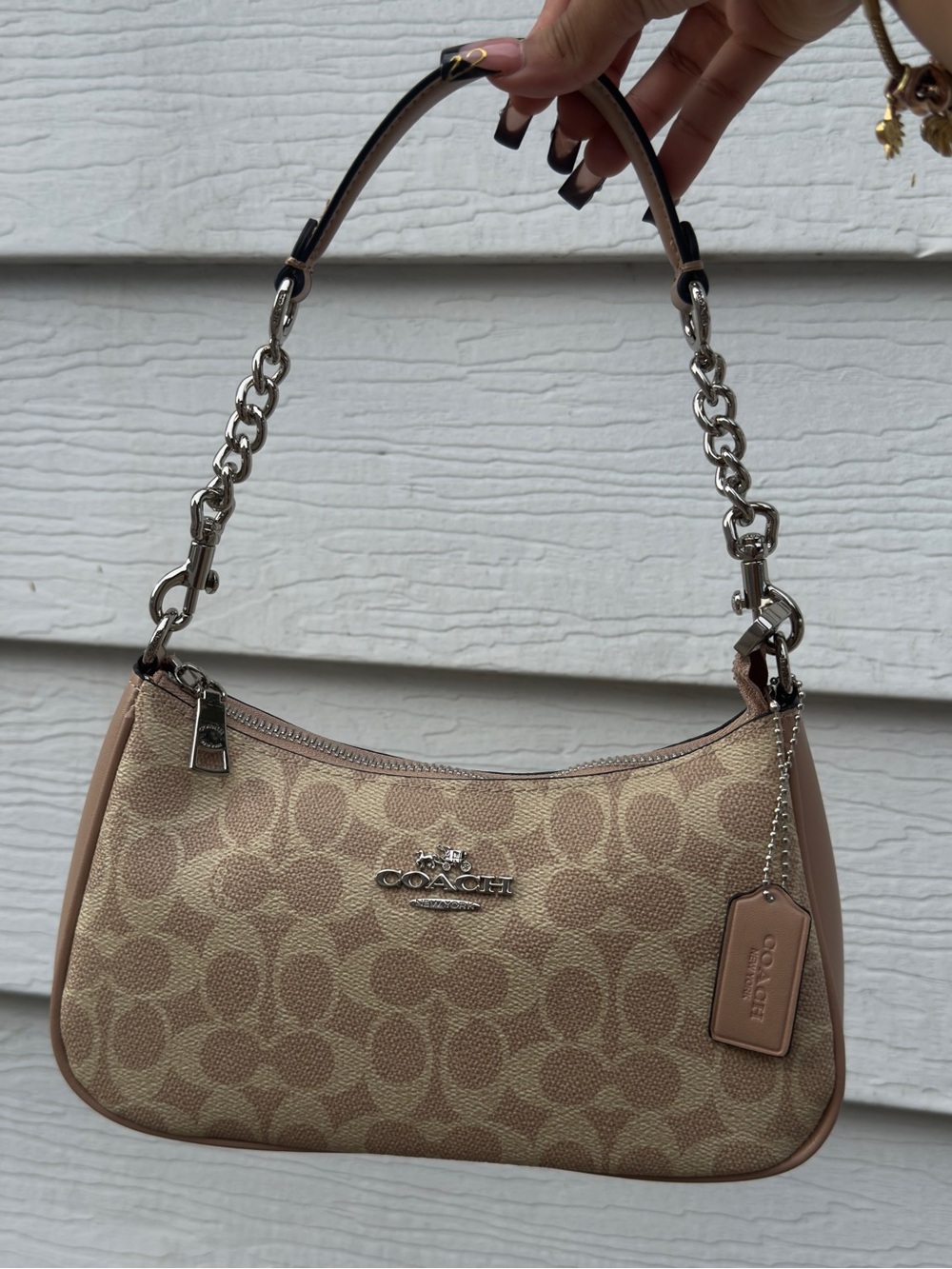 Coach Teri Tan Signature Jacquard Shoulder Bag with Silver Hardware